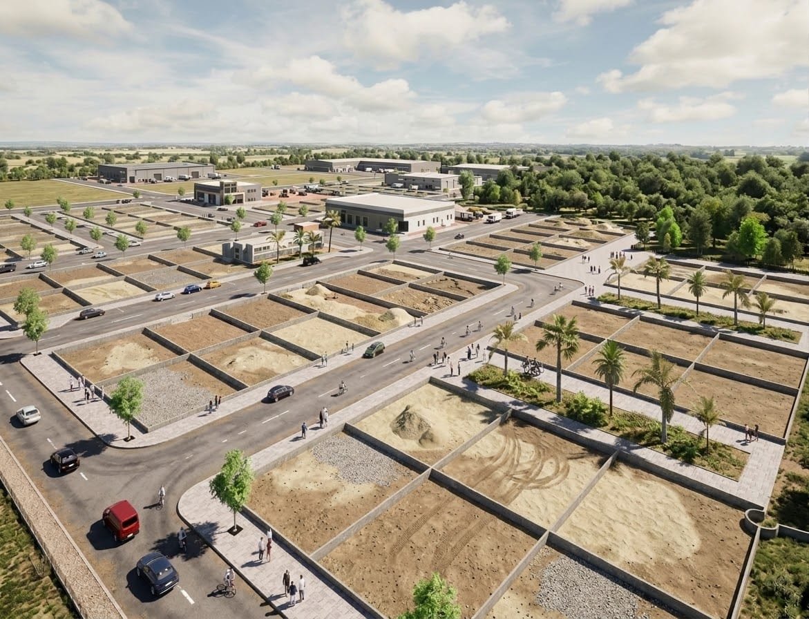 Lotissement, vue aérienne des lots, des voies et des espaces plantés