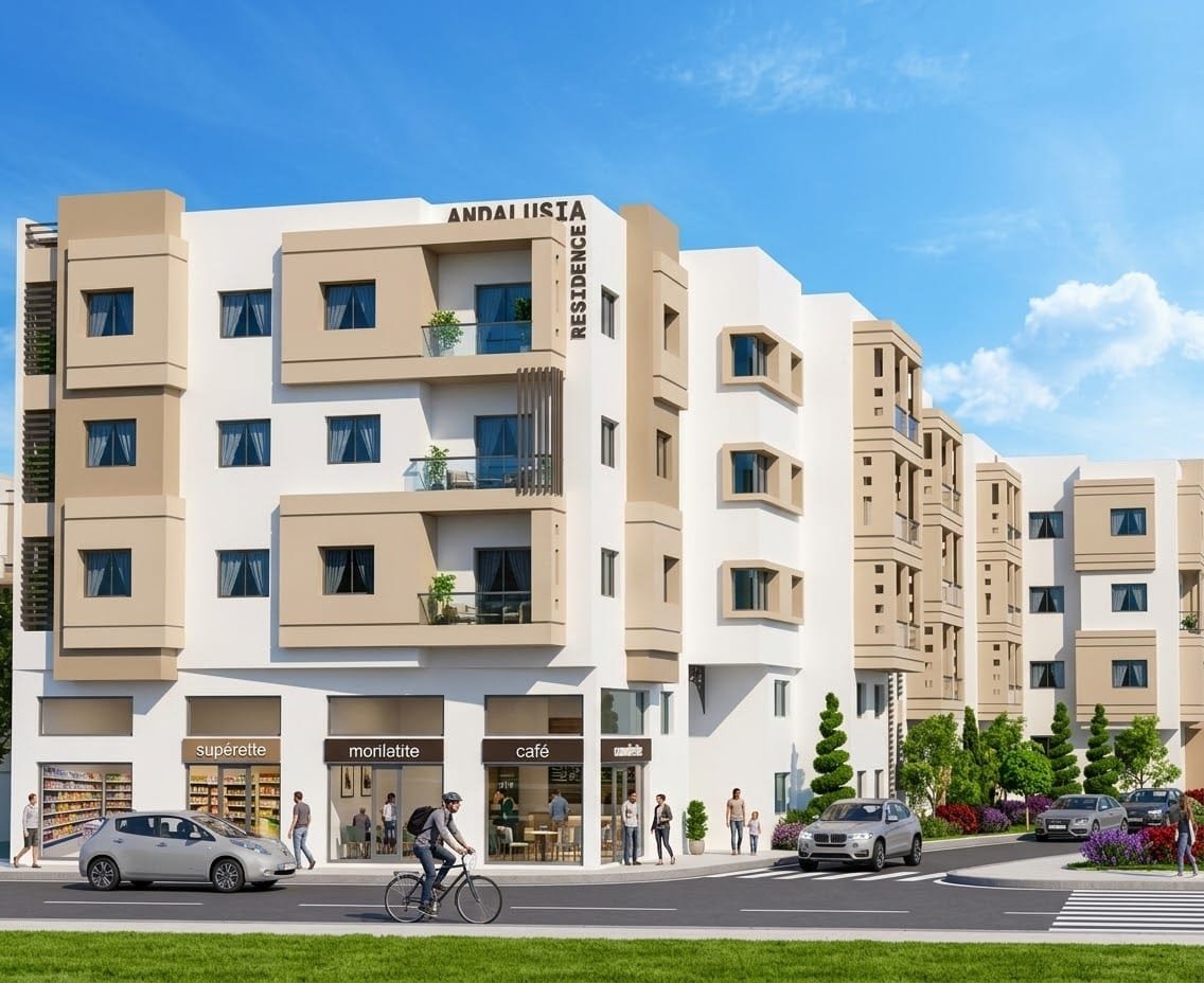 Résidence Andalusia, façade sur rue et commerces du rez-de-chaussée